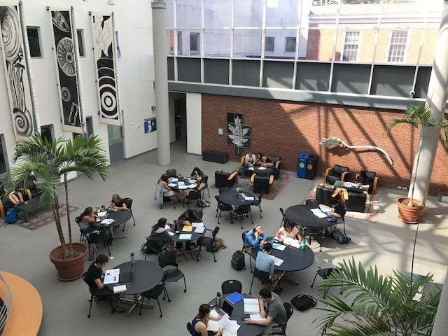 学生在德鲁肯米勒中庭的桌子旁学习的俯视图