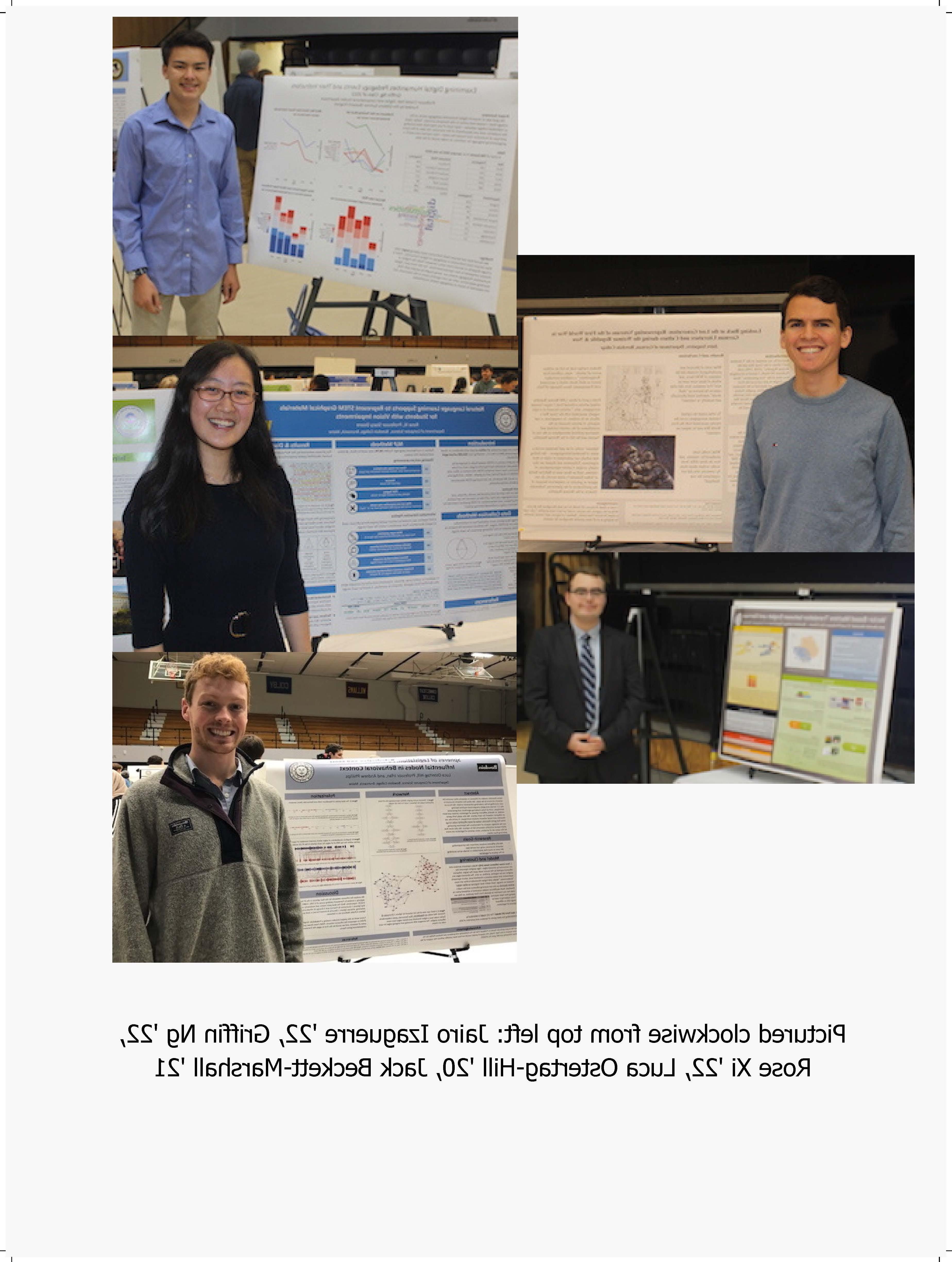 Students are pictured who participated in the 2019 President's Symposium with projects that contributed specifically to the mission of the DCS department. Pictured clockwise from top left: Jairo Izaguerre '22, Griffin Ng '22, Rose Xi '22, Luca Ostertag-Hill '20, Jack Beckett-Marshall '21 